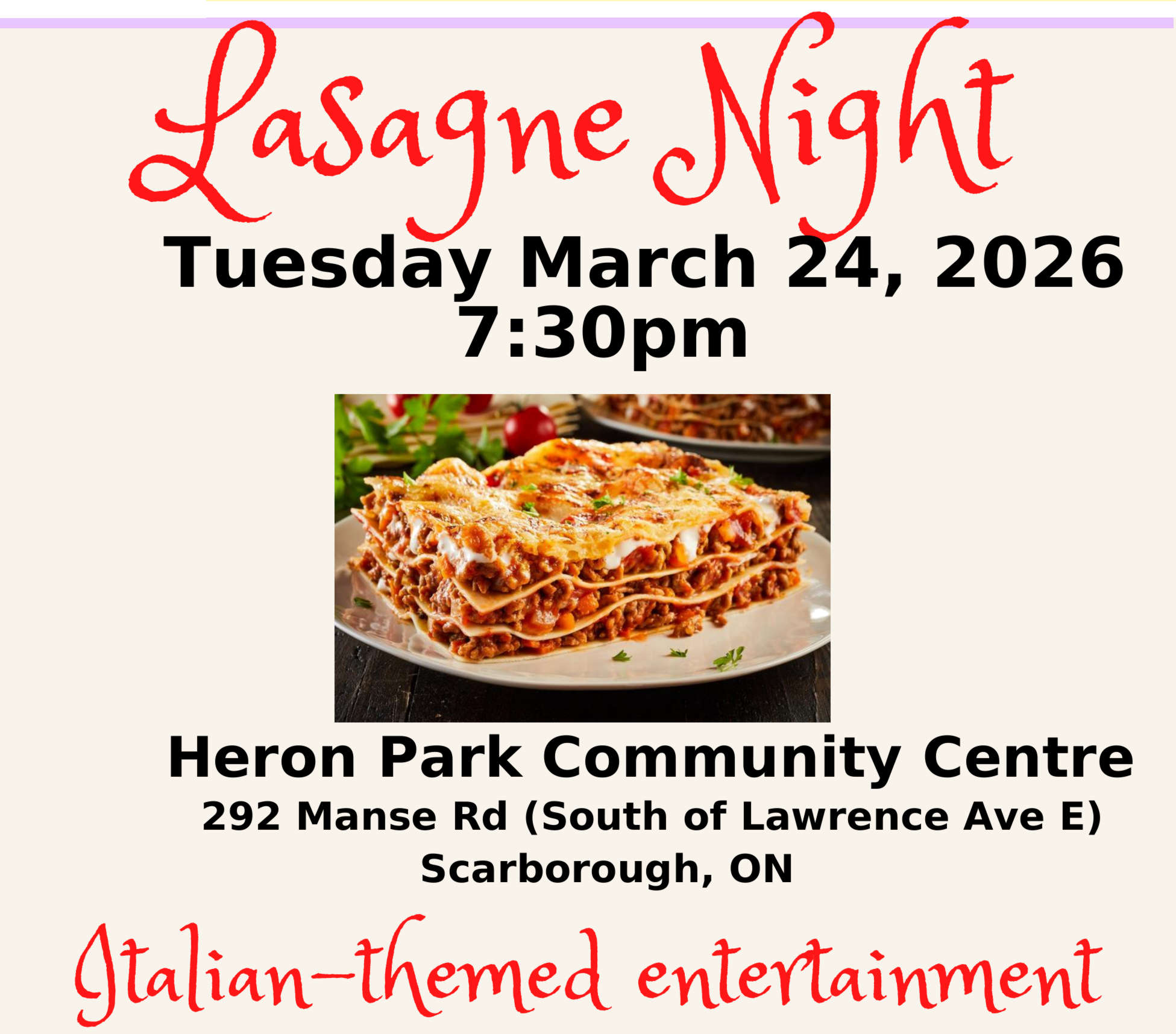Lasagne Night flyer. Click for PDF version